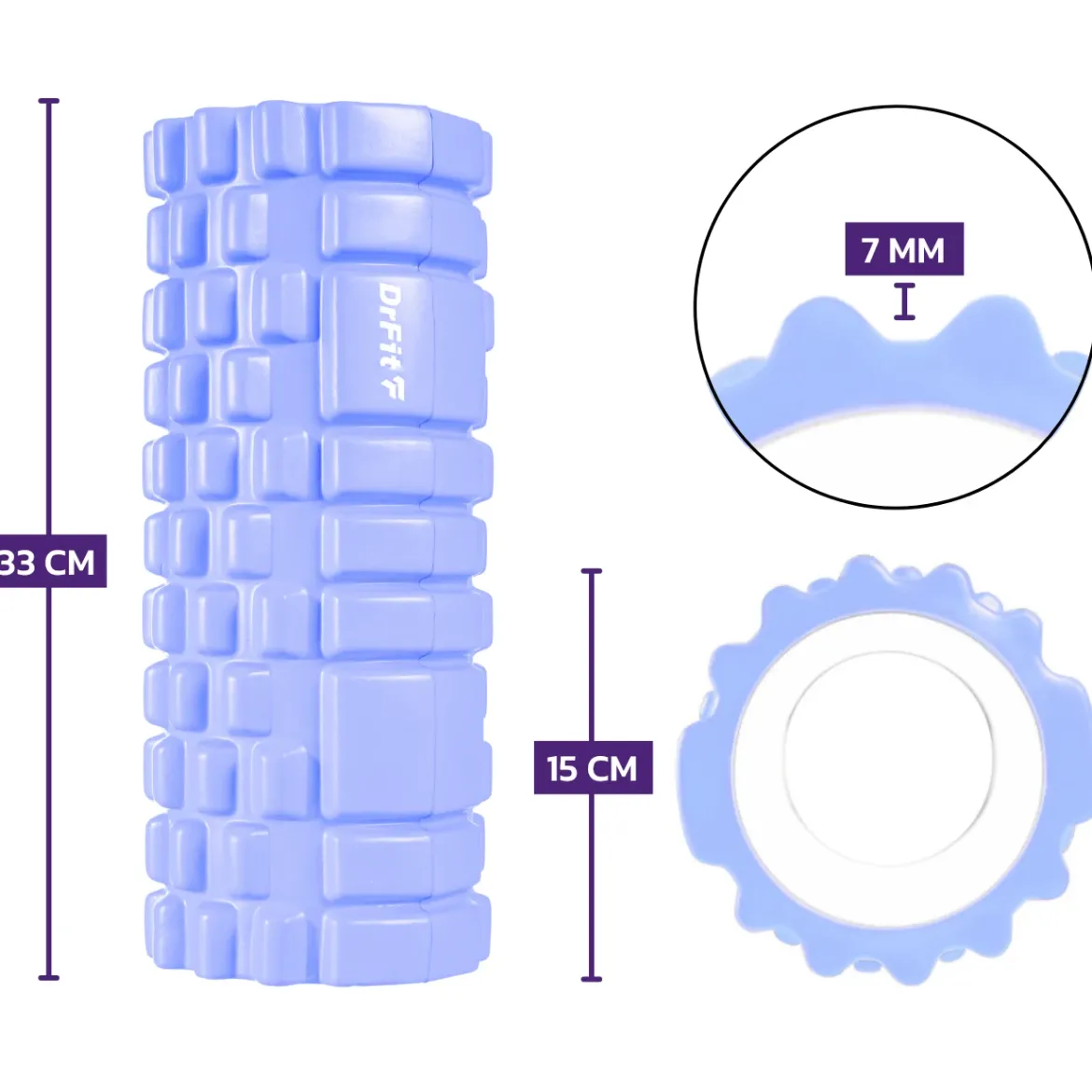 DrFit Roller do masażu i rehabilitacji z wypustkami jasnofioletowy ø 15x33