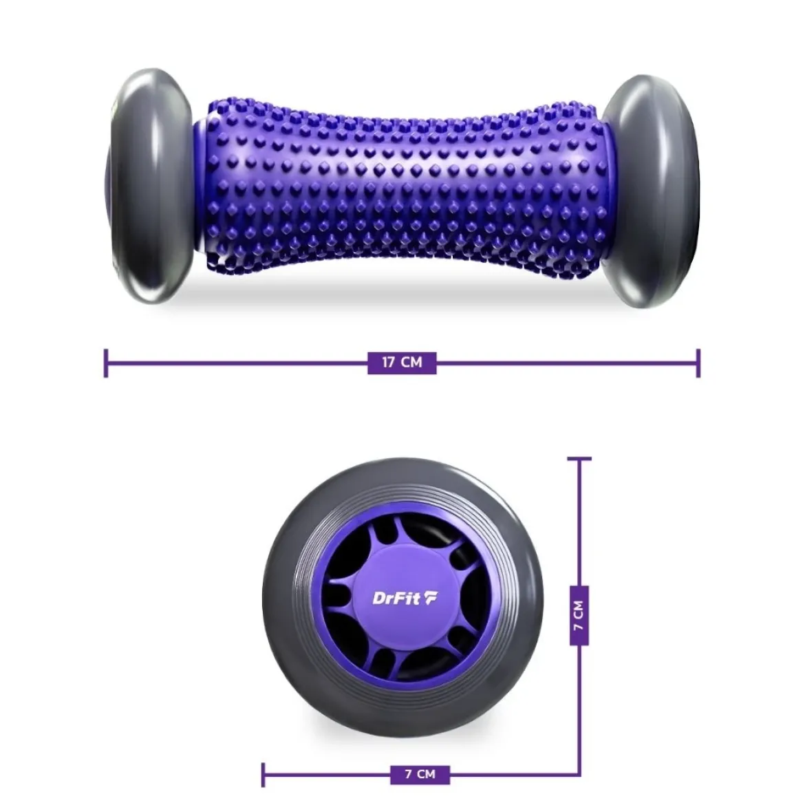 DrFit Roller rehabilitacyjny do stóp z wypustkami sensorycznymi fioletowy 17cm (szare koła)