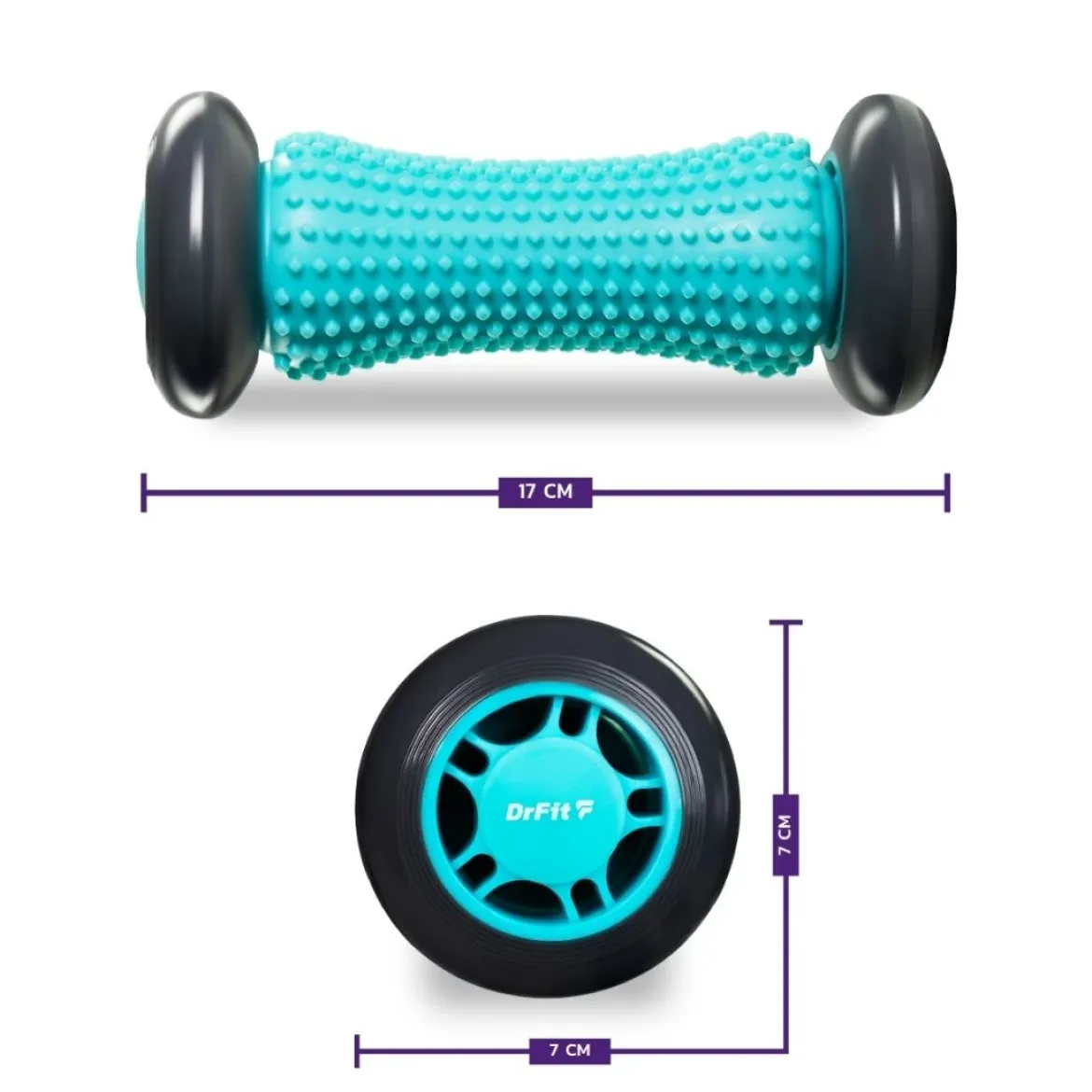 DrFit Roller rehabilitacyjny do stóp z wypustkami sensorycznymi turkusowy 17cm (szare koła)