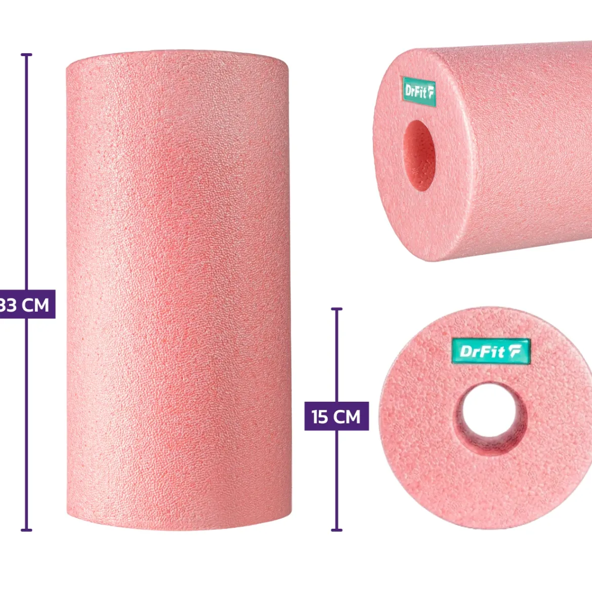 DrFit Travel roller do masażu i rehabilitacji gładki różowy ø 15 x 30 cm