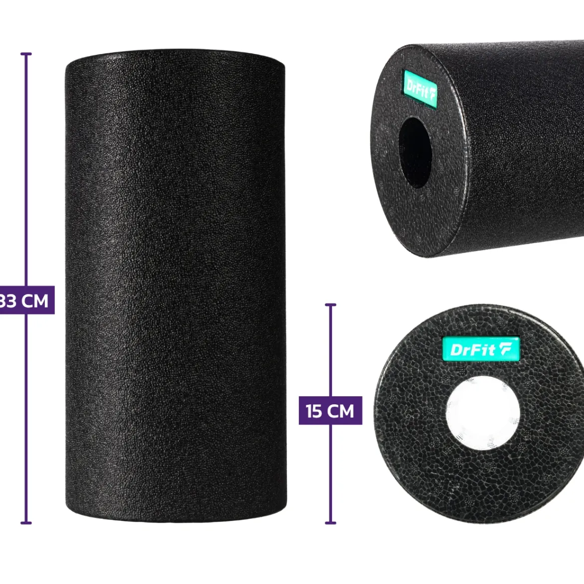 DrFit Travel roller do masażu i rehabilitacji gładki czarny ø 15 x 30 cm