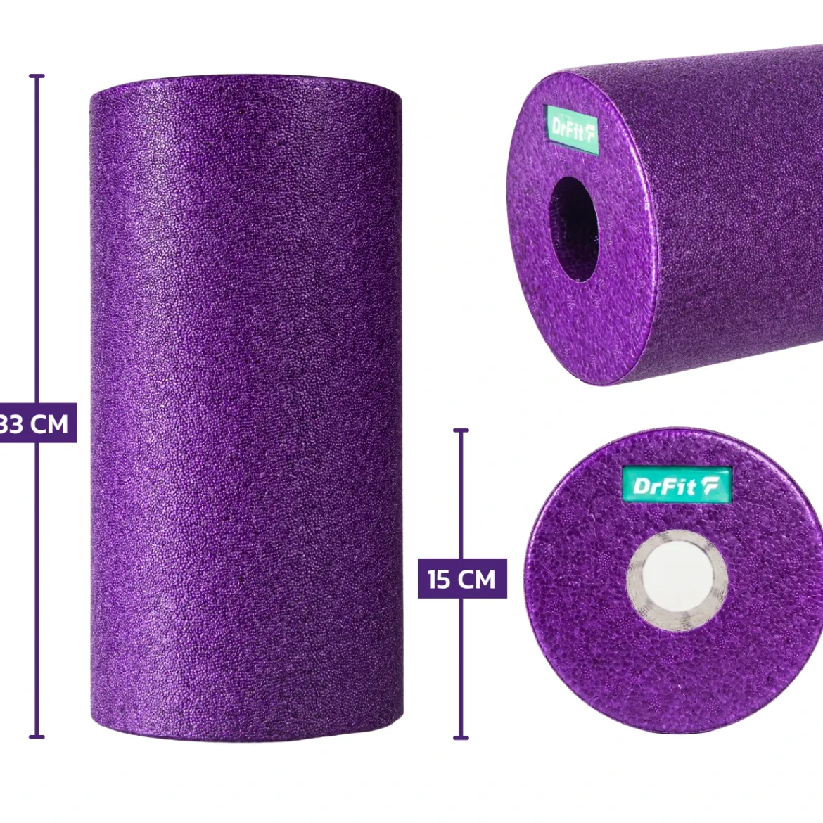 DrFit Travel roller do masażu i rehabilitacji gładki fioletowy ø 15 x 30 cm