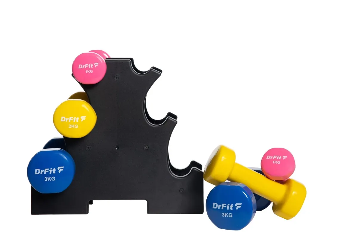 Dr Fit Zestaw 6 hantli 12 kg (2x1 kg różowy, 2x2 kg żółty, 2x3 kg niebieski) + stojak