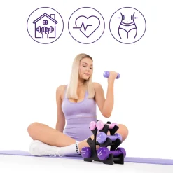 DrFit Zestaw 6 hantli (2x0,5 kg jasny różowy, 2x1 kg jasny fioletowy, 2x1,5 kg fioletowy) + stojak