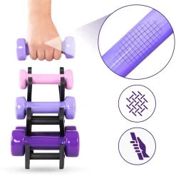 DrFit Zestaw 6 hantli (2x0,5 kg jasny różowy, 2x1 kg jasny fioletowy, 2x1,5 kg fioletowy) + stojak